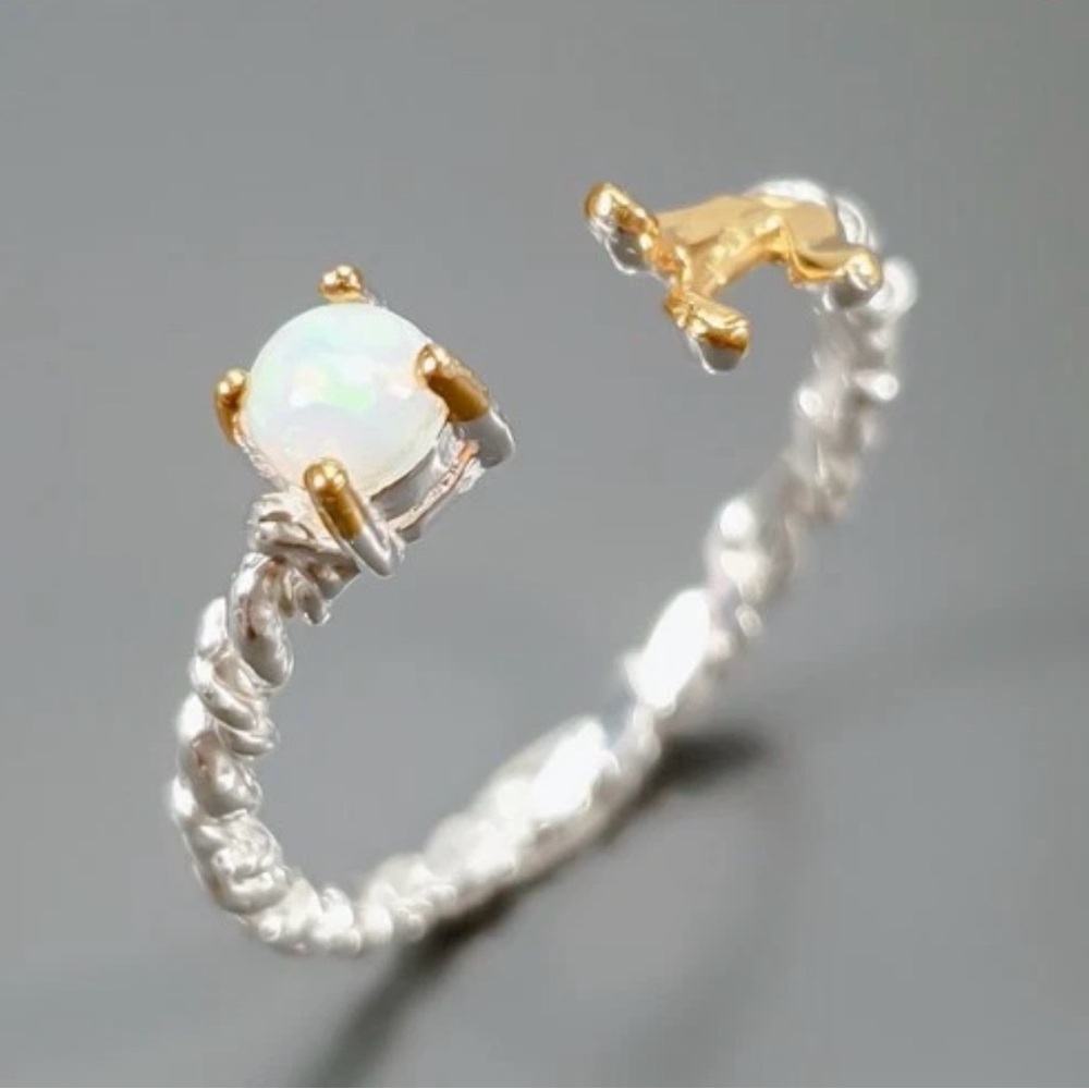 Elegant Natural White Fire Opal Ring in 14K Gold & 925 Sterling Silver - Sz 8.5